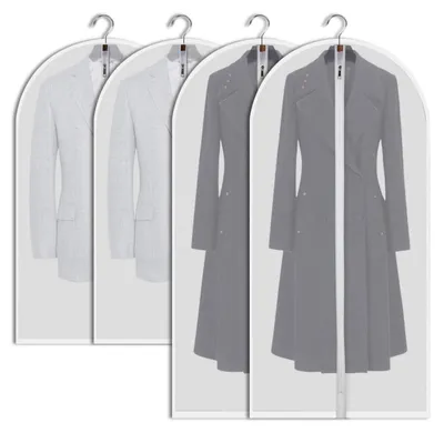 Produktbild von Set aus 4 langen Kleidersäcken für Anzüge, 60 x 120/100 cm, transparent, wasser- und mottenabweisend, mit Reißverschluss, zur Aufbewahrung von Kleidung.
