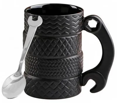 Productafbeelding van Koffiekop met lepel en handvat, 500 ml, zwart, keramiek, 3D-bandenmotief