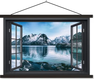 Produktbild von MuchoWow® Textilposter Aussicht - Berg - Wasser 60x40 cm mit schwarzem Rahmen - Hölzernes