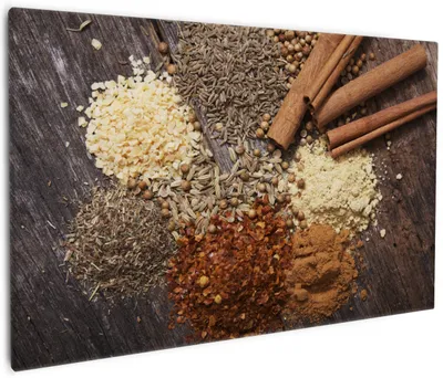 Produktbild von Wallario Premium Leinwandbild Aromatische trockene Gewürze in der Küche in Größe 60 x 90 cm