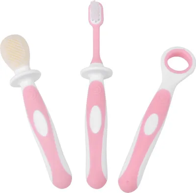 Imagen del producto de Set de cuidado bucal para bebés: cepillo de dientes de entrenamiento, mordedor suave y limpiador de lengua (rosa)