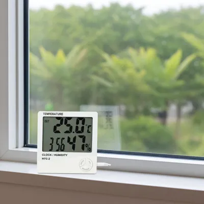 Produktbild von Digitales Hygrometer & Thermometer mit Aussenfühler, Uhr & Wecker: LCD Display, weiss – Raumklima präzise messen