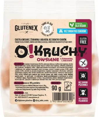 CIASTKA OWSIANE Z ŻURAWINĄ I JABŁKIEM BEZ DODATKU CUKRÓW BEZGLUTENOWE O!KRUCHY 90 g - GLUTENEX