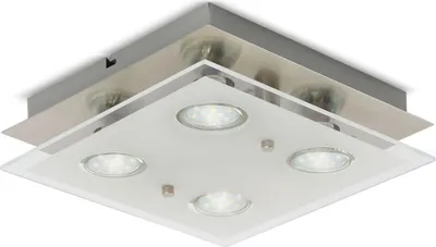 A square ceiling light with four circular LED lights, set against a white background.