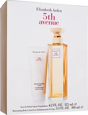 A gift set of Elizabeth Arden 5th Avenue perfume and body lotion, presented in its original packaging.