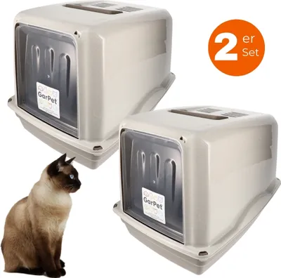 Produktbild von 2x Katzenklo mit Deckel XXL Katzentoilette große Katzen Klo WC Haubentoilette grau inkl. Aktivkohlefilter Doppelpack Sparpaket