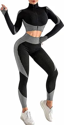 Produktbild von ASKSA Damen Yoga Sportanzüge Langarm Crop Top + Leggings 2 Stücke Bekleidungs Sets Jogginganzug, Schwarz&Weiß, L