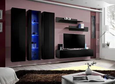 Image de Meubles en bois Meuble mural noir Meuble TV suspendu Vitrine