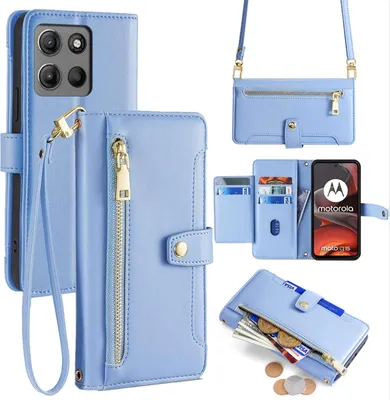 Produktbild von Handykette Hülle für Motorola Moto G15 / Moto G15 Power mit Band Handyhülle Kartenfächer Kunstleder Umhängetasche in Hellblau