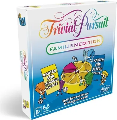 A product shot of the Trivial Pursuit Familien Edition board game box, presented at an angle against a gradient background.