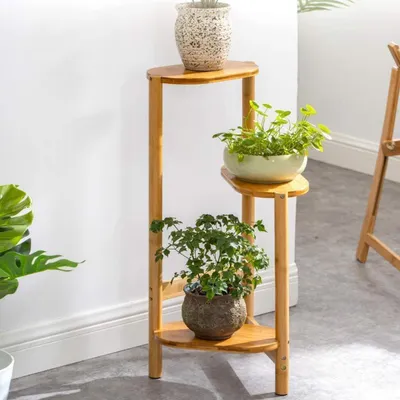 Zdjęcie produktu dla Stojak na rośliny, 3 poziomy, drewniana półka na kwiaty, idealna na balkon lub do salonu, wysokość 75 cm, wykonana z bambusa