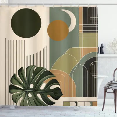 Produktbild von ABAKUHAUS Monstera Duschvorhang, Mond und Naturabstrakt Mid Century Boho Stil Vertikale Linien, 175 x 240 cm, Beige Grün Sepia