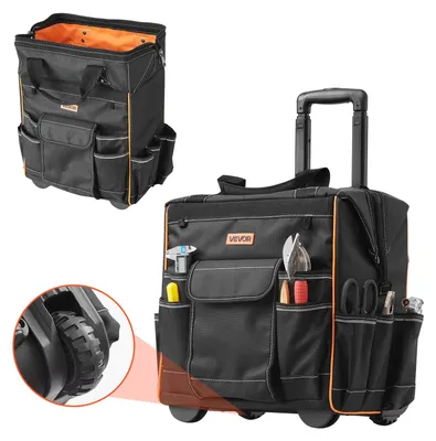 Image de Sac à outils VEVOR avec roulettes, capacité de charge 50 kg, 25 poches, sac à dos de travail, poignée télescopique réglable & pied stable, organisateur de sacoches à outils pour le bâtiment, la mécanique, 390x290x420 mm