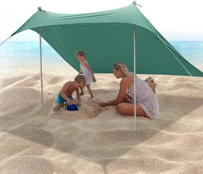 Productafbeelding van Strandhut van 21 x 21 meter met UV-bescherming (UPF50+) en een waterdichte parasol van aluminium – inclusief schep en harpoen