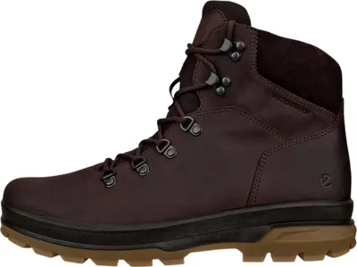 A side view of a single brown hiking boot against a white background.