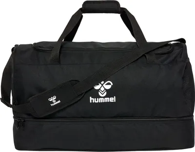 A black sports bag with a white logo and text.