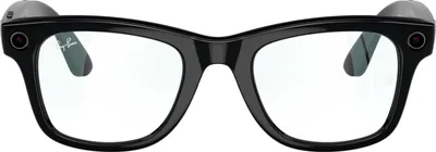 A front view of a pair of black Ray-Ban Meta Wayfarer smart glasses with clear lenses, set against a white background.