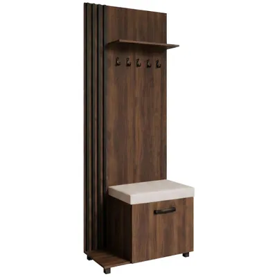 Produktbild von Garderobenschrank LIVIA Links Warmia Walnuss – Garderobe mit Kleiderhaken, Schuhschrank, schwarze Lamellen, beiges Sitzkissen, Hochschrank, Flurmöbel