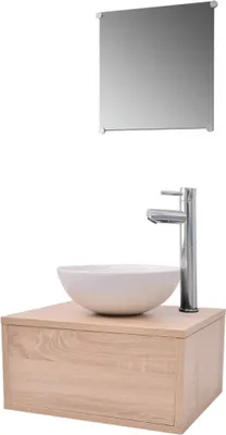 Produktbild von vidaXL 4-tlg. Badmöbel-Set mit Waschbecken und Wasserhahn Beige