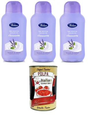 Produktbild von Venus Docciagel Rilassante Lavanda e Melissa Entspannendes Duschgel Lavendel und Melisse 3 x 250 ml+ Italian Gourmet polpa 400g