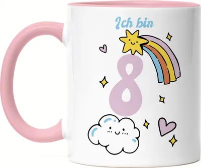 Produktbild von 8 Jahre alt Kindergeburtstag Tasse rosa süße Motive Kinder Milchkanne Happy Birthday Alles Liebe zum Geburtstag