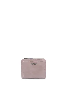 A small, light pink wallet with a zipper and a metallic logo on a white background.
