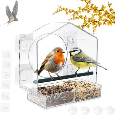 Produktbild von Transparesantes Vogelhäuschen aus Acryl mit Balkon und 4 Klemmen für Meisen, Mäuse und wilde Vögel