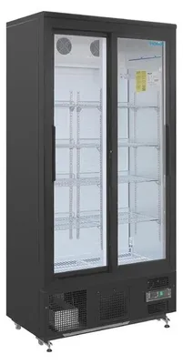 A commercial refrigerator with glass doors.