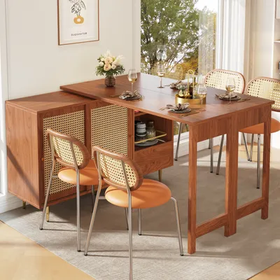 A dining set with a wooden bar table and chairs in a well-lit room with a window view.