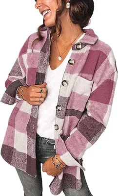 Produktbild von ASKSA Damen Plaid Knöpfe Shirts Flanell Farbblock Oberteile, Rot, L