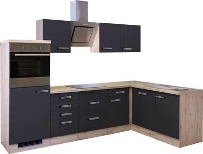 Produktbild von Winkelküche mit E-Geräten & Geschirrspüler - 280 cm breit - Anthrazit San Remo Eiche – Lino