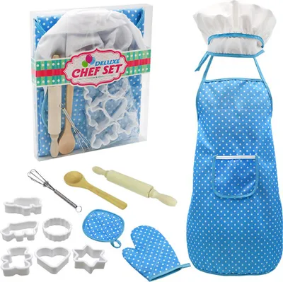 A children's cooking and baking set is displayed, featuring various tools and accessories.