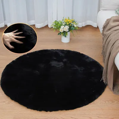 Image de Tapis rond, noir, en Fourrure artificielle, 90 cm, lavable
