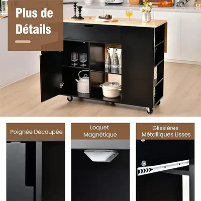 Image de Chariot de cuisine sur roulettes - Structure en bois avec plan de travail rabattable et espace de rangement