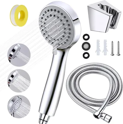 Imagen del producto de Cabezal de ducha universal que ahorra agua, con manguera de 1 a 55 metros y soporte. Ducha de mano cromada, con 3 tipos de chorro y alta presión (ABS)