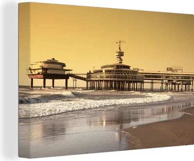 Produktbild von OneMillionCanvasses® - Leinwandbilder - 140x90 cm, Ein Sonnenuntergang am Strand von Scheveningen, Wandbilder Kunstdruck Wanddekoration - Foto auf Leinwand - Gemälde auf Holzrahmen