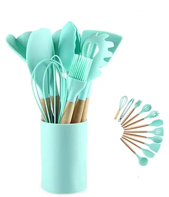 Image de Omgoods - Ensemble d'accessoires de cuisine en silicone - 12 pièces avec manches en bois