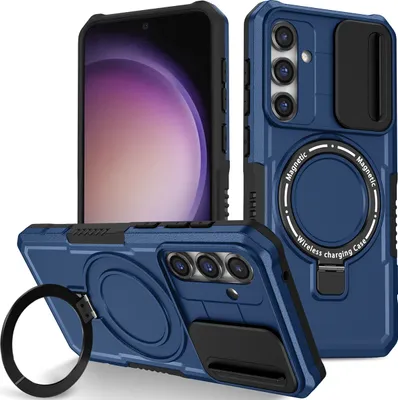 Produktbild von Handyhülle für Samsung Galaxy S23 FE Kompatibel mit MagSafe, Robuste Hülle mit Schiebe Kamera Schutz, Magnetischer Ringständer Blau