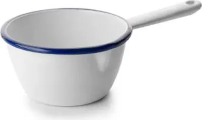 A white enamel saucepan with a blue rim and a white handle, isolated on a white background.