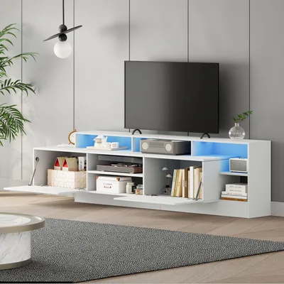 Produktbild von MODFU TV-Schrank für TV-Geräte bis 70 Zoll,Standfernsehschrank mit offener Stauraum und LED-Lichtstreifen,Wohnzimmerschrank lowboard mit Hochglanzdesign,Weiß