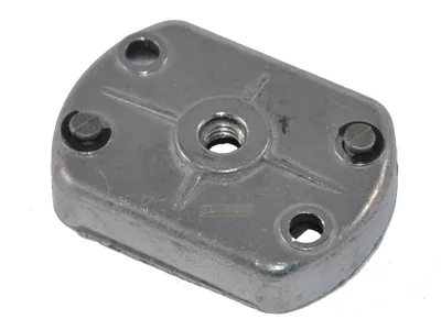 A silver metal part with screw holes and a threaded center hole, isolated on a white background.