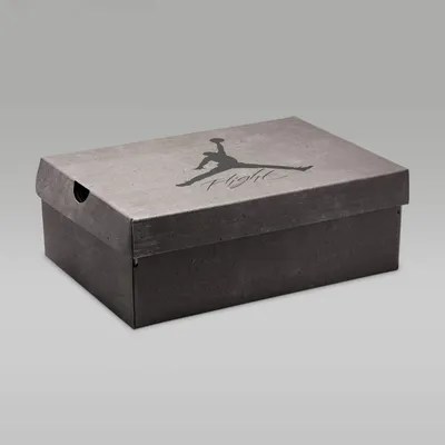 A dark grey shoe box with a grey lid, featuring the Jordan logo and the word "Flight" printed in black.