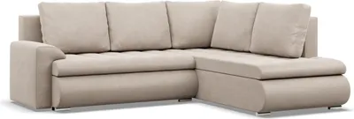 A beige sectional sofa with a chaise lounge is shown from a front-side angle against a white background.