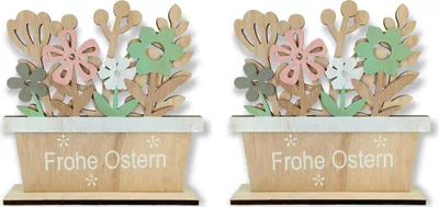 Produktbild von Holzdeko Schriftzug Frohe Ostern mit Blumen 22 x 23cm 2 Stück Osterdeko Tisch-Deko