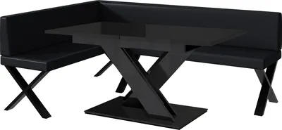 Produktbild von MEBLINI Eckbank für Esszimmer mit ausziehbarem Tisch  - Küchenbank - Essecke - Sitzecke Küche - TONI - X-Beine 142x196x87cm Links - Schwarz Kunstleder/B Schwarz Hochgl.