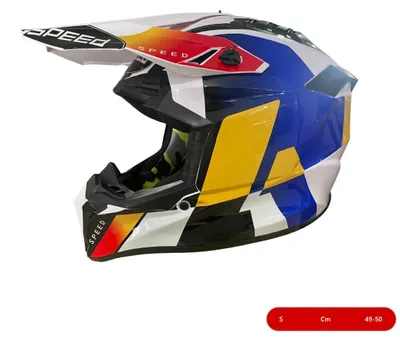 Imagen del producto de Casco para motocross/enduro infantil para moto, ATV o bicicleta – Talla S (49–50 cm), color blanco con diseño amarillo y azul