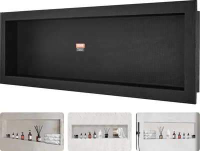 A large black recessed niche is shown at the top, with three smaller images of niches decorated with bathroom accessories below.