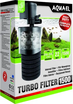 The image shows the retail packaging of an Aquael Turbo Filter 1500.