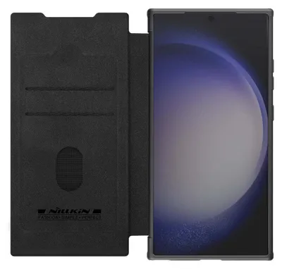 A black flip case for a smartphone is shown open, revealing the phone's screen.
