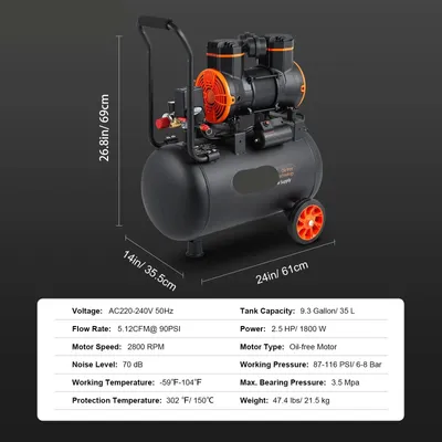 Imagen del producto de Compresor de aire - Compresor silencioso - Bomba de aire - Compresor portátil sin aceite - 35 litros - 1800W